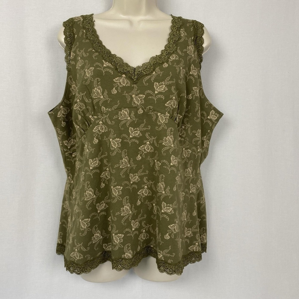 Vintage Faded Glory Babydoll Lace Trim Tank Top Womens 16 Green Floral Earthy XL
